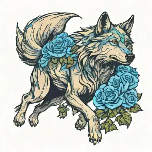 A Wolf Pack Running Through A Field Of Blue Roses