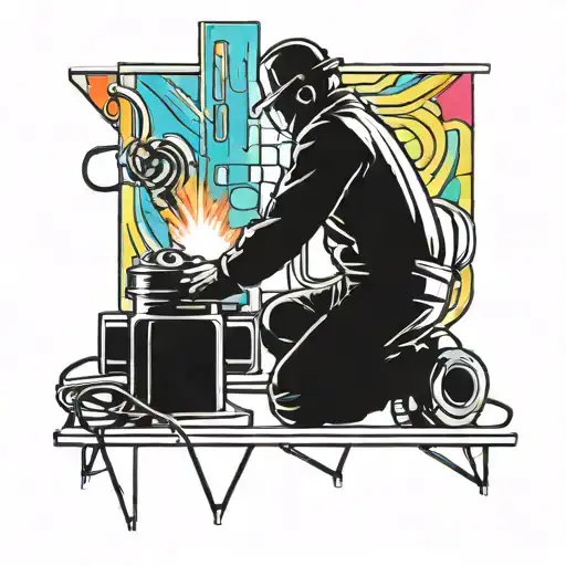 Combine A Silhouette Of A Welder Working On A Metal Sculpture With A Colorful Abstract Background