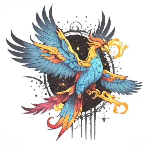 Multicolor Phoenix Rising Into The Galaxy Of Stars On Fire More Colors