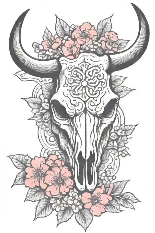 Longhorn Bull Skull With Cherry Blossom Flowers