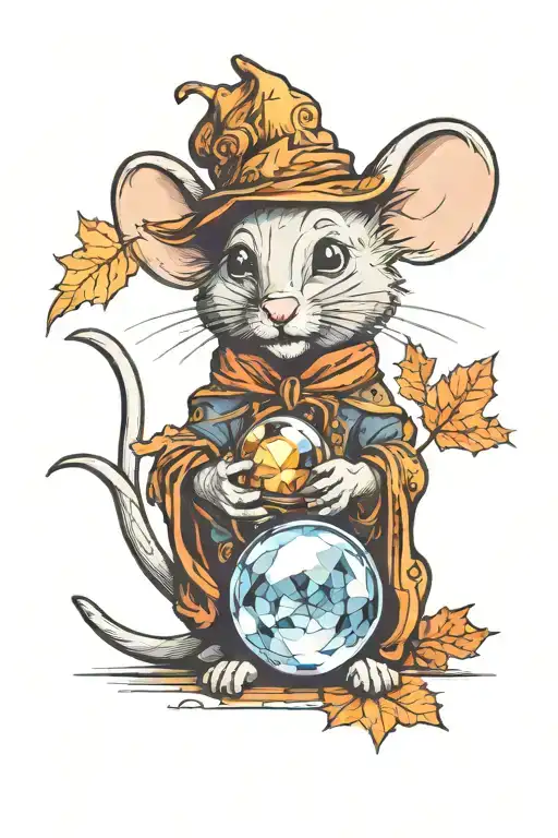 An Intricate Design Of A Cute Mouse Holding A Crystal Ball Surrounded By Autumn Leaves