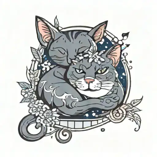 A Dreamy Tattoo Design Capturing The Essence Of A Peaceful Night Spent Sleeping With Your Cat