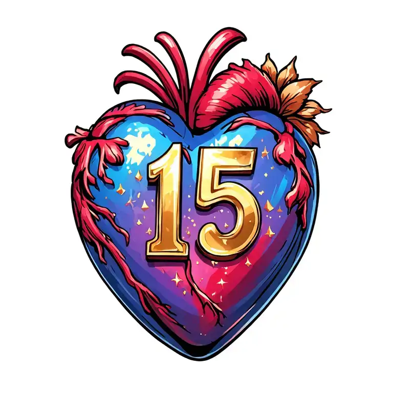 A Heart With A Gold Number 15 On It In Gliltter Style
