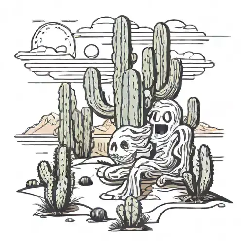 Arizona Desert Landscape With A Ghost Next To A Cactus