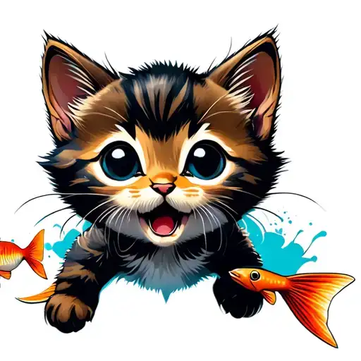 Kitten With Fish Jumping
