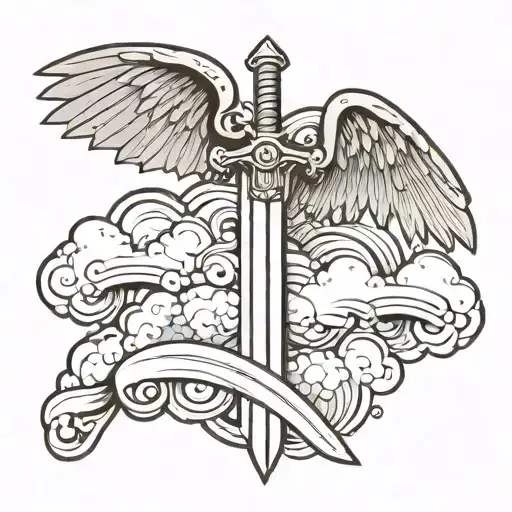 Sword With Wings In Front Of Clouds With Scroll