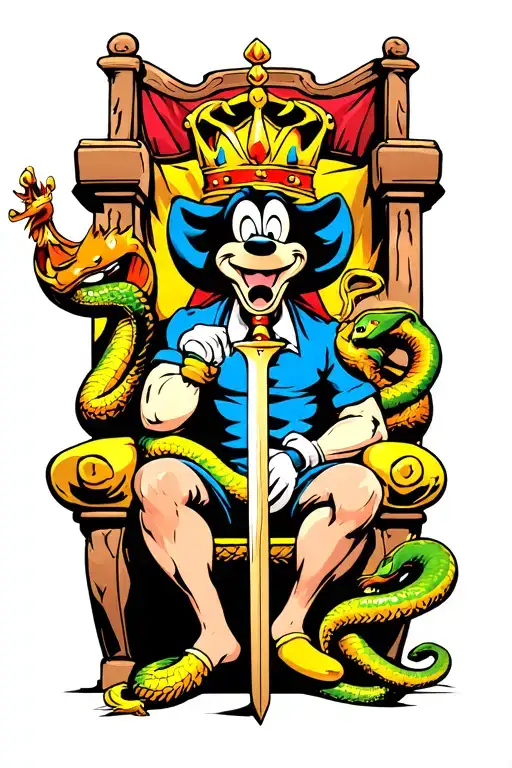 Goofy With A Sword Surrounded By A Snake And He Is Sitting On A King Throne With His Tie