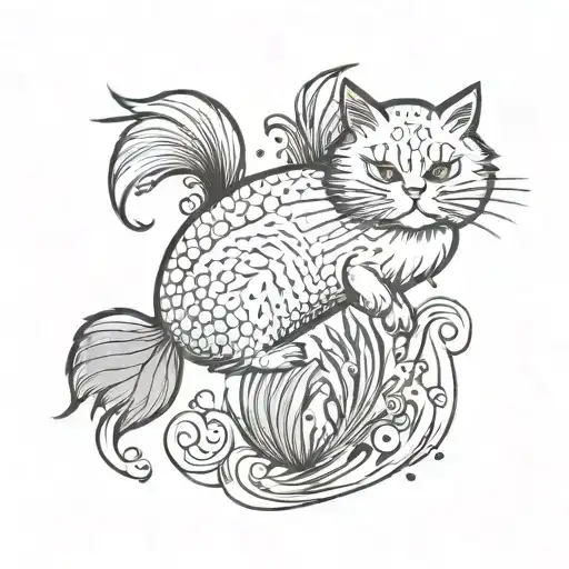 A Minimalist Tattoo Design Of Persian Cat Chasing A Betta Fish