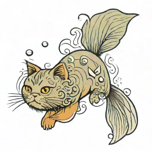 A Minimalist Tattoo Design Of Persian Cat Chasing A Beta Fish