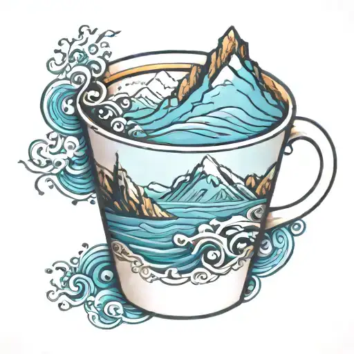 A Coffee Cup With Intricate Mountain And Ocean Designs Intertwined