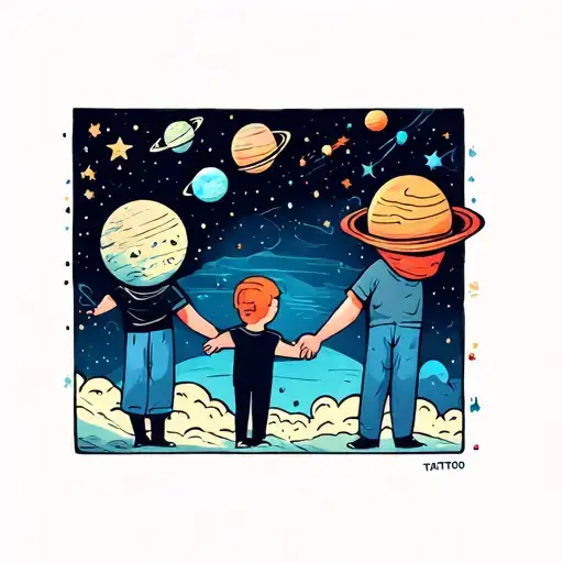 A Father And Son Holding Hands Under A Sky Full Of Stars And Planets