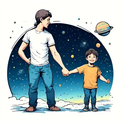 A Father And Son Holding Hands Under A Sky Full Of Stars And Planets