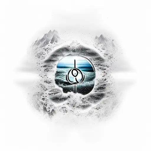 A Black-grey Tattoo Of A Serene Water Scene With A Love Symbol Hidden Within