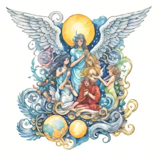 A Mystical Watercolor Scene Featuring Gods And Angels In A Dreamlike Setting