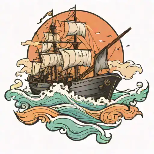 A New-school Style Tattoo Of A Military Ship Sailing On A Sea Of Paint