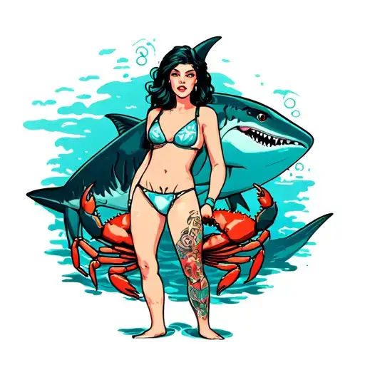 Woman In Underwear With Shark And Crab