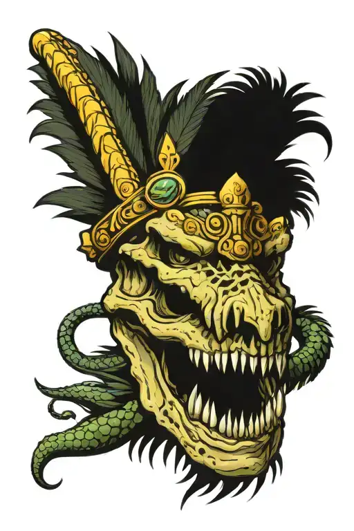 Alligator Skull Wearing A Feathered Head Dress With A Snake Coming Out Of The Eye