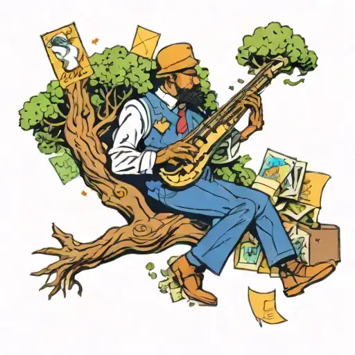 A Jazz Musician Playing A Saxophone Under A Tree With Tarot Cards Scattered Around