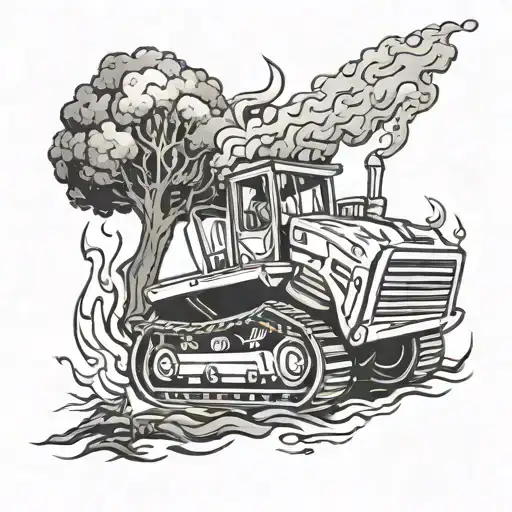 Bulldozer Pushing Over Tree On Fire Flames