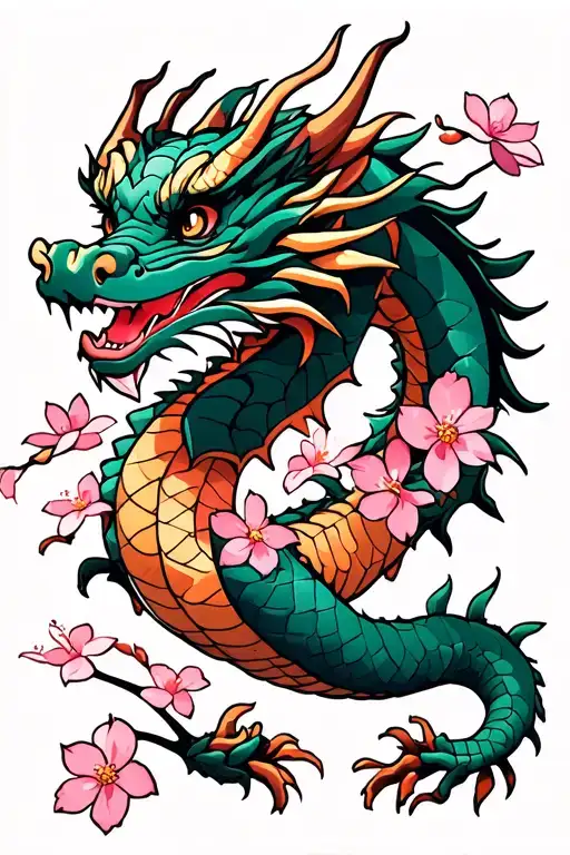 Dainty Japanese Dragon With Cherry Blossoms