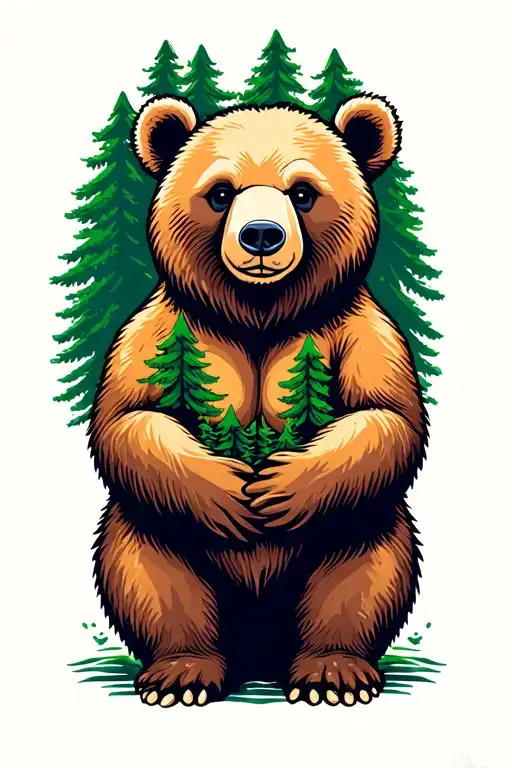 Bear With Trees Inside Outline Filled