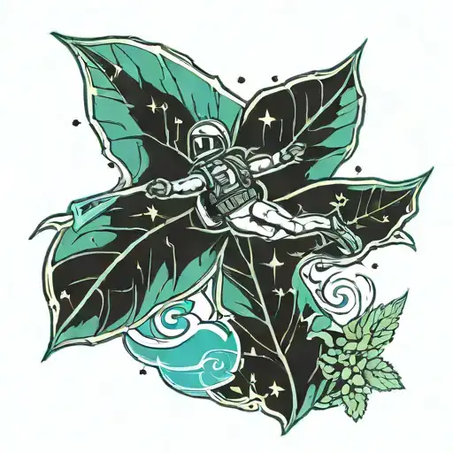A Weed Leaf Morphing Into A Celestial Art Piece With A Skydiver Descending In The Background