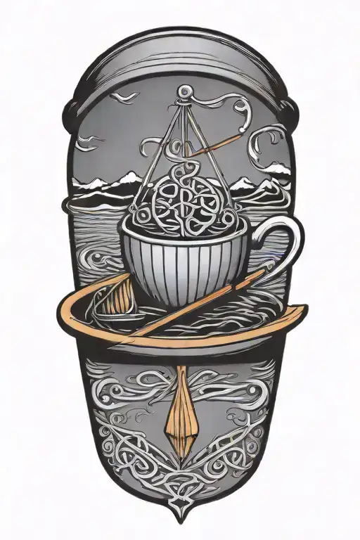 A Coffee Cup With Celtic Symbols Steam Rising Into Rowing Oars