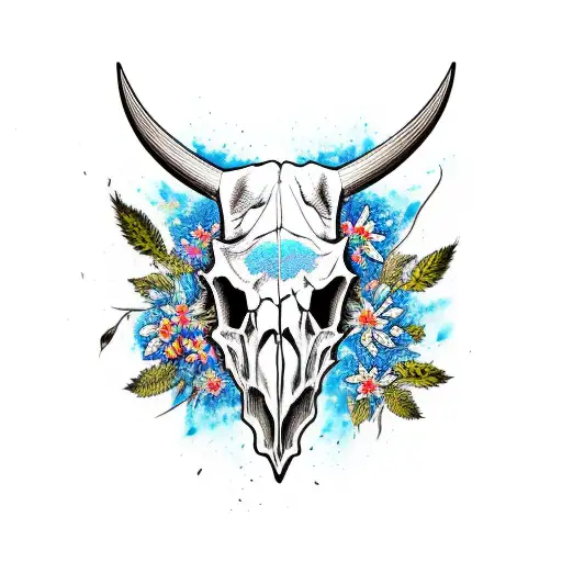 Bull Skull With Blue Flowers