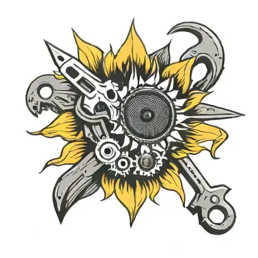 A Sunflower Morphing Into A Set Of Mechanic Tools