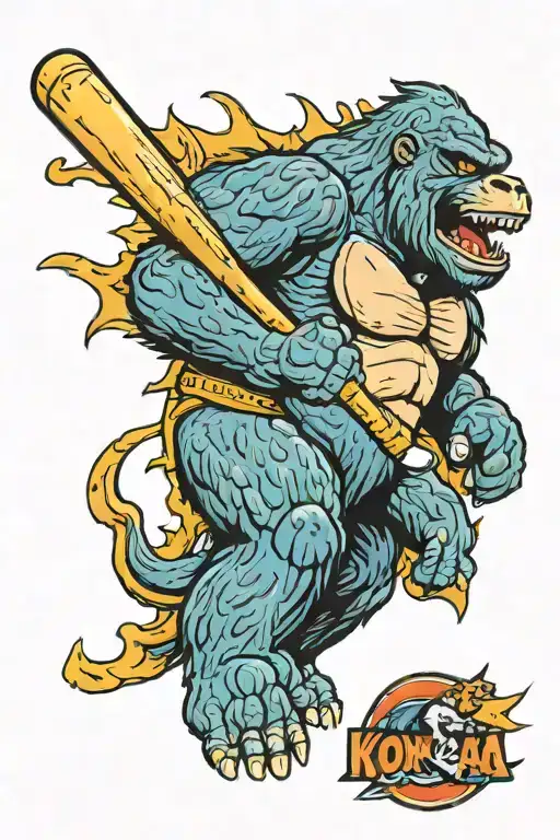 A Mashup Tattoo Of King Kong And Godzilla Playing Baseball For The Cubs Team