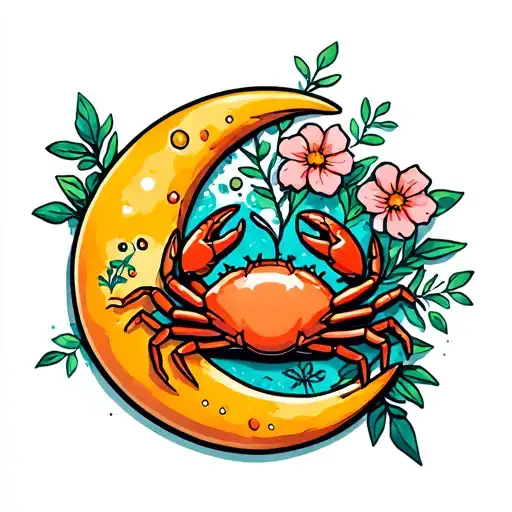 Crescent Moon With Small Crab And Flowers