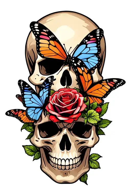 Roses Skull Butterflies Flying Together