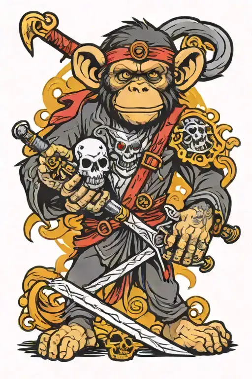 Monkey Satan Holding Sword And Other Hand Holdin Skull