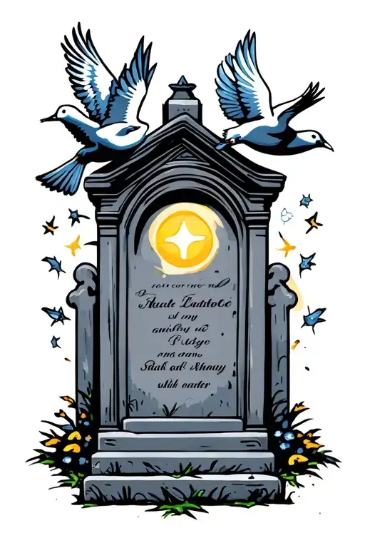 Gravestones With Doves Flying And Lights