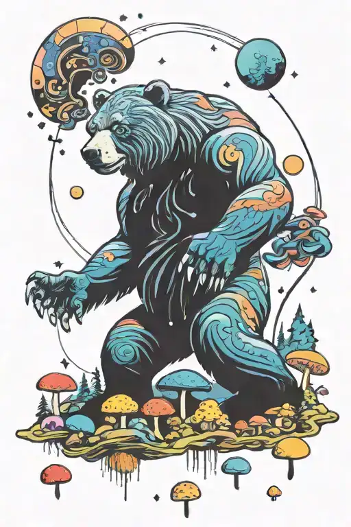 A Cosmic Mountain Landscape With A Dancing Bear Surrounded By Colorful Mushrooms