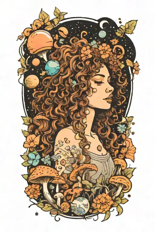 Girl With Curly Hair Surrounded By Mushrooms And Flowers Looking Up At Planets And Stars