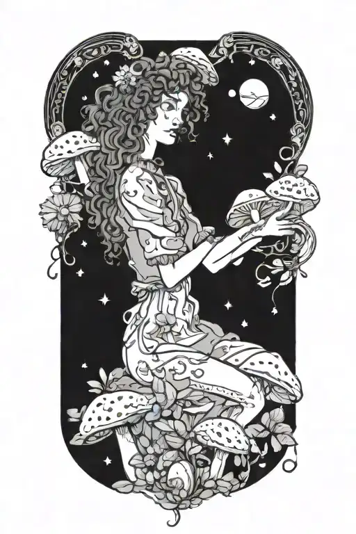 Girl With Curly Hair Sitting Surrounded By Mushrooms And Flowers Looking Up At Planets And Stars