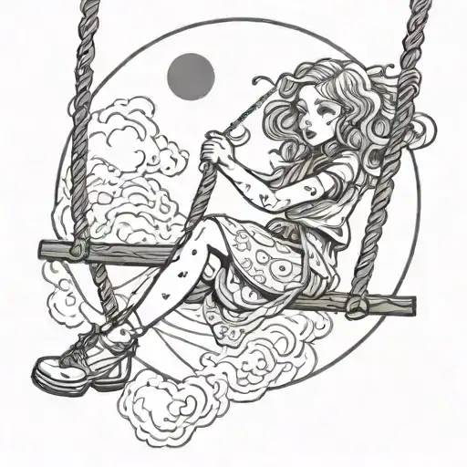 A Girl Rides On A Swing Made Of Wire Under The Moon