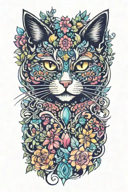 Cat Made Out Of Colorful Flowers And Crystals
