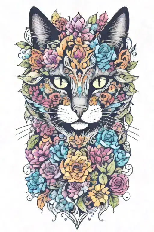 Cat Made Out Of Colorful Flowers And Crystals