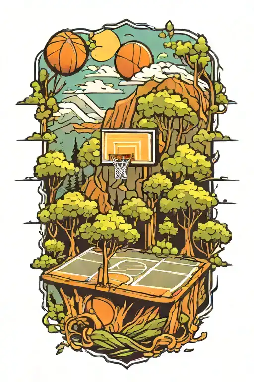 A Basketball Court With Nature Elements Like Trees And Mountains Integrated Into The Design
