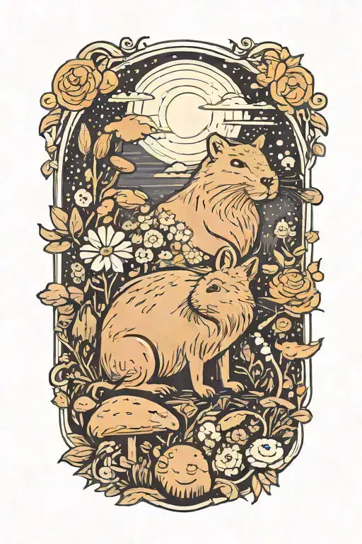 Capybara And A Cat In A Field Of Flowers And Mushrooms With Planets In The Sky