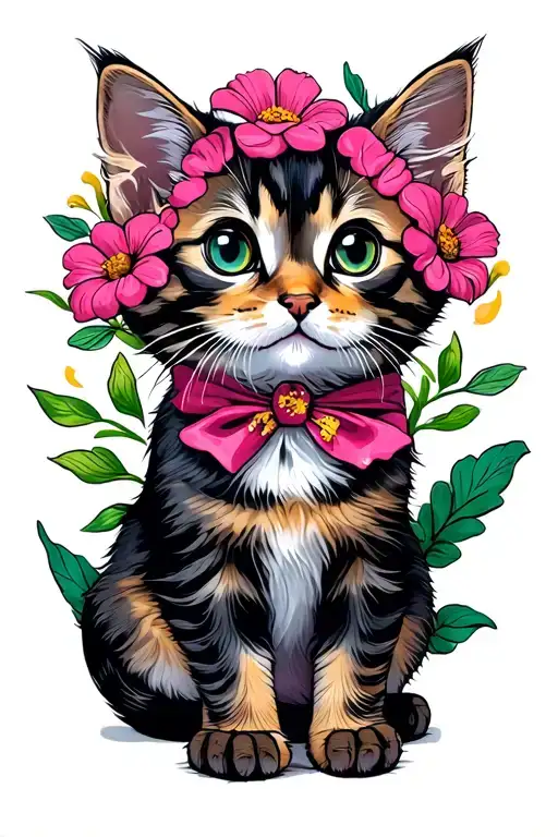 Kitten In Flowers With A Turpentine Key And Notes