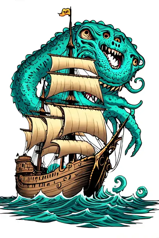 Pirate Ship Being Sunk By Kraken