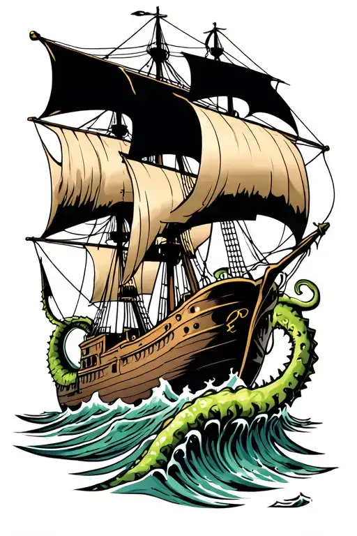 Pirate Ship Being Sunk By Kraken Emerging Stronger