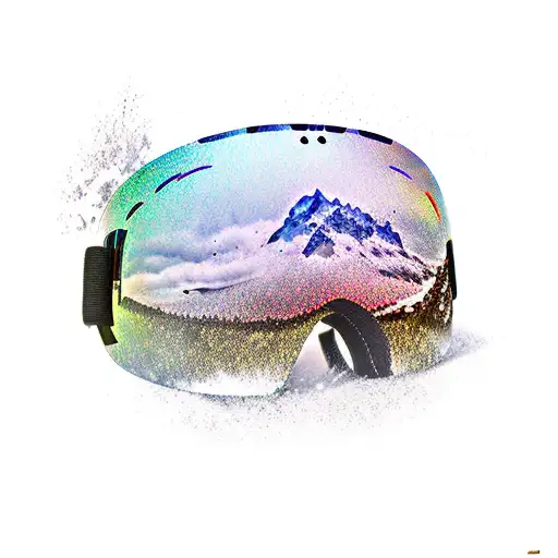 Snowboarding Goggles With Mountain Range Reflected In Them