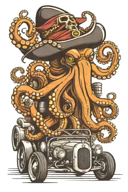 Octopus Driving A Hotrod Wearing A Pirate Hat