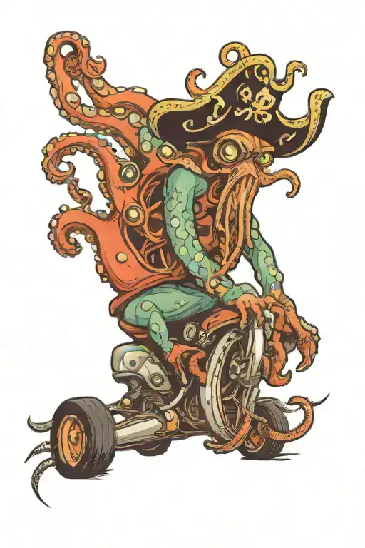 Octopus Driving A Hotrod Wearing A Pirate Hat
