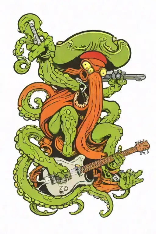 Octopus Driving A Hotrod Wearing A Pirate Hat And Playing Guitar