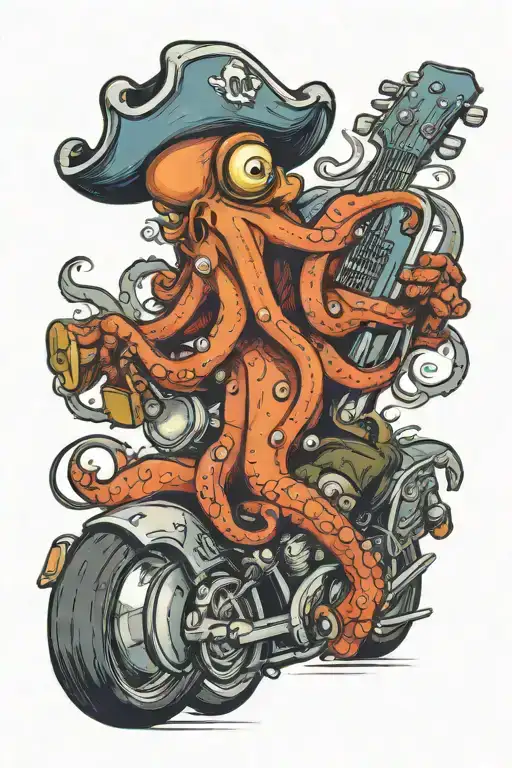 Octopus Driving A Hotrod Wearing A Pirate Hat And Playing Guitar
